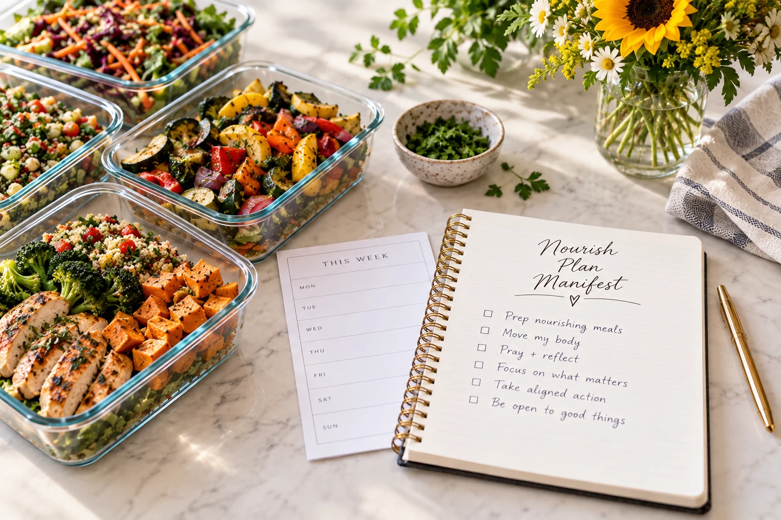 Prepared nourishing meals beside an open notebook, weekly planner and pen for reflection and intention setting